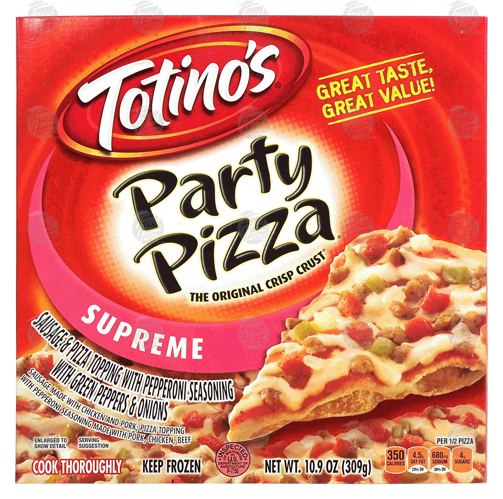 Totino's Party Pizza supreme pizza; sausage & pepperoni pizza with green peppers & onions, crisp crust Full-Size Picture